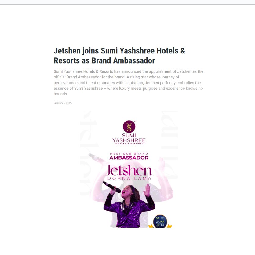 Image of a press release announcing Jetshen Dohna Lama as the brand ambassador for Sumi Yashshree Hotels & Resorts.
